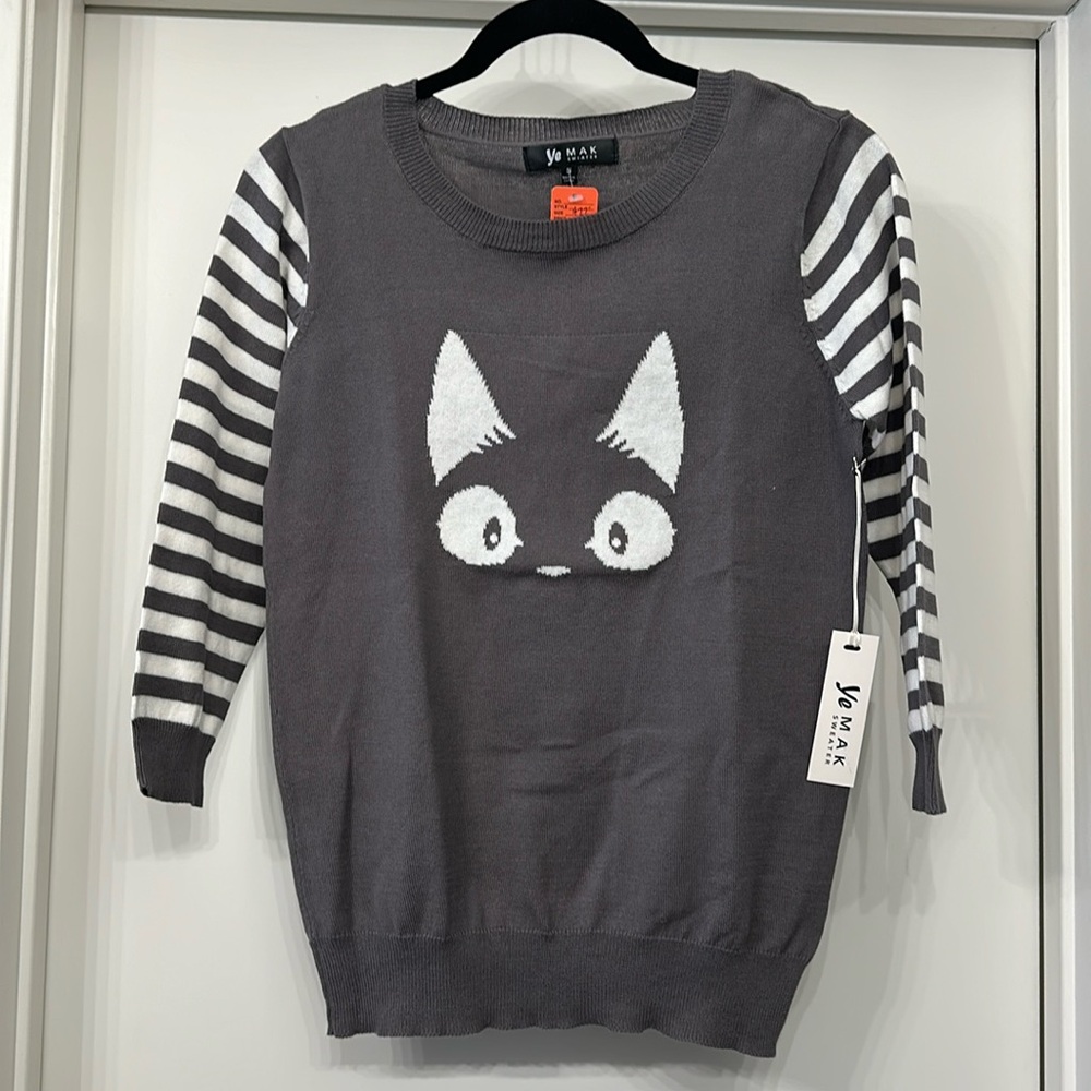 Kitty Cat Face 3/4 Sleeve Crewneck Casual Pullover Sweater